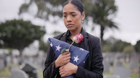 Funeral,-death-and-rose-for-a-woman-with-a-flag