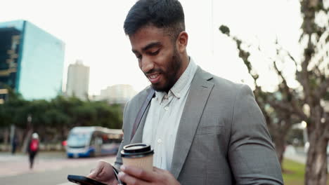 Business-man,-coffee-cup-and-smartphone-in-city