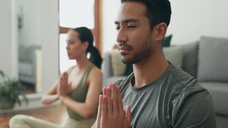 Apartment,-meditation-and-couple-with-exercise