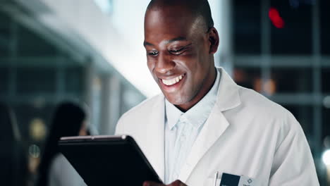 Doctor,-man-and-reading-information-on-tablet