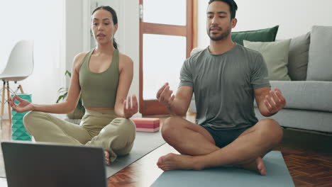 Laptop,-yoga-or-couple-in-meditation-in-house