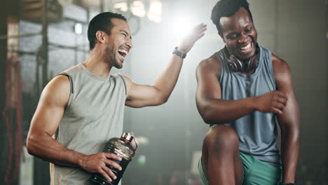 Happy-man,-friends-and-high-five-in-fitness