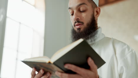 Muslim-man,-reciting-quran-and-mosque-with-faith