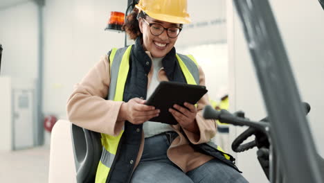 Tablet,-communication-and-forklift-with-woman