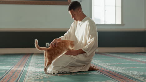 Cat,-islamic-and-man-with-pet-in-a-mosque