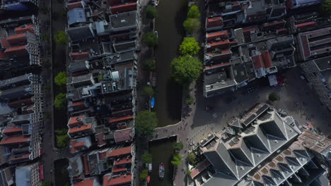 Overhead-Birds-View-of-Cathedral-and-Canals-in-Amsterdam,-Aerial-Drone