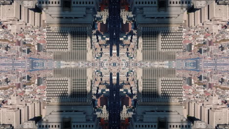 Forwards-fly-over-urban-borough,-mirror-composition.-Abstract-computer-effect-digital-composed-footage.