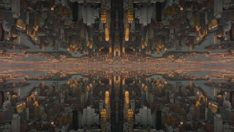 Panoramic-shot-of-metropolis-at-sunset,-tops-of-high-rise-buildings-lit-by-sun.-Abstract-computer-effect-digital-composed-footage.