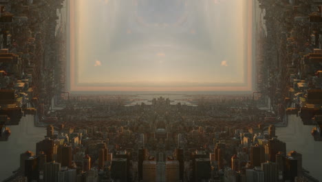 Large-city-at-sunset,-Various-buildings-in-urban-borough.-Abstract-computer-effect-digital-composed-footage.