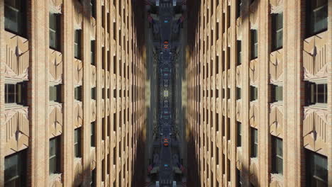Cars-driving-on-narrowing-street-between-tall-buildings.-Abstract-computer-effect-digital-composed-footage.