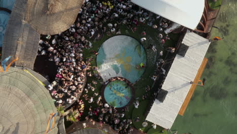 People-dancing-and-partying-at-tropical-Beach-club-Festival-Party-by-the-ocean-in-sunny-weather-with-Palm-trees-and-Pools,-Aerial-Birds-Eye-View-Top-Shot-from-above