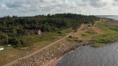 Family-walking-on-pathway-along-sea-coast.-Aerial-footage-of-coastal-landscape-with-trees-and-wind-turbines-in-background.-Denmark