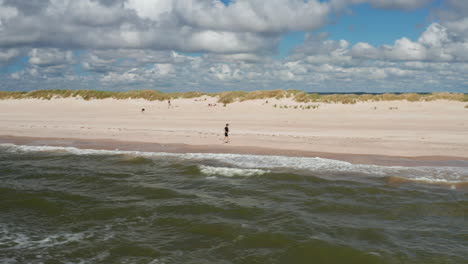 Amazing-aerial-panoramic-footage-of-man-running-on-sand-beach-on-sunny-day.-Waves-rolling-to-coast.-Summer-vacation-location.-Denmark