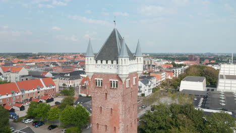 Static-aerial-view-camera-of-the-Water-Tower-of-Esbjerg,-Denmark.-Esbjerg-Water-Tower-is-an-iconic-water-tower-at-the-top-of-a-cliff