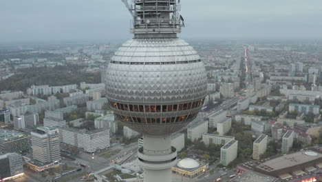 Cloudy-day-above-Berlin,-Germany-with-Famous-TV-Tower-and-grey-Cityscape,-Aerial-Birds-Eye-Overhead-Top-Down-View-drone-perspective