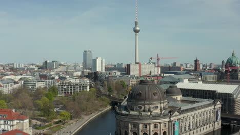 AERIAL:-Wide-View-of-Empty-Berlin-with-Spree-River-and-Museums-and-View-of-Alexanderplatz-TV-Tower-During-COVID-19-Coronavirus