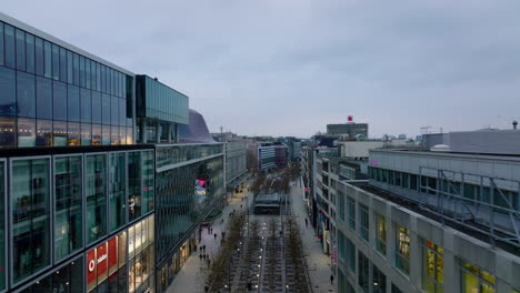 Forwards-fly-above-wide-shopping-boulevard-Zeil.-People-walking-on-pedestrian-zone-with-rows-of-trees-in-middle.-Frankfurt-am-Main,-Germany