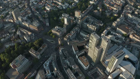 AERIAL-Overhead-View-of-Frankfurt-am-Main,-Germany-Eschersheimer-Tor-Famous-Place-with-Empty-Streets-due-to-Coronavirus-Covid-19-Pandemic