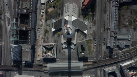 AERIAL:-Wide-View-of-Empty-Berlin,-Germany-Alexanderplatz-TV-Tower-with-almost-No-People-or-Cars-on-Beautiful-Sunny-Day-During-COVID-19-Coronavirus-Pandemic