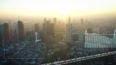 Aerial-panoramic-view-of-high-rise-business-downtown-buildings-against-glowing-sunset-sky.-Added-computer-graphics-with-charts-and-financial-figures.-Frankfurt-am-Main,-Germany