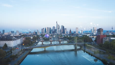 Backwards-fly-above-river-flowing-through-city-at-dusk.-Various-digital-visual-effects-for-objects.-Hyper-lapse-footage-of-Frankfurt-am-Main,-Germany