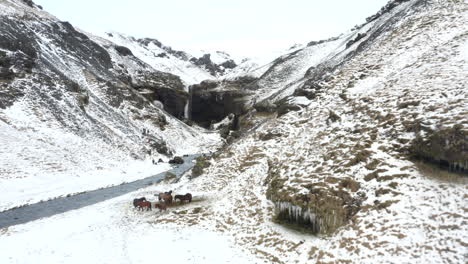 AERIAL:-Snow-Canyon-with-Horses-and-people-standing-on-a-Rock-in-Iceland-Green-Grass,-Snow,-Ice
