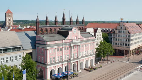 Slide-and-pan-footage-of-city-hall-building-on-Neuer-Markt-square.-Historic-centre-of-hanseatic-town
