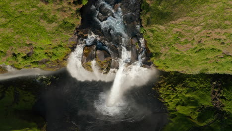 Overhead-vertical-drone-flying-over-amazing-water-falling-from-mossy-cliff-of-Seljalandsfoss-waterfall-in-southern-Iceland.-Top-down-view-of-powerful-cascade-in-icelandic-highlands
