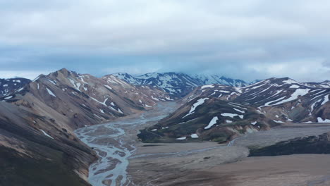 Birds-eye-of-beautiful-and-unspoiled-glacier-snowy-Thorsmork-valley-in-Iceland.-High-angle-view-of-Porsmork-icelandic-highlands-with-Krossa-river-and-mossy-cliffs.-Amazing-on-earth