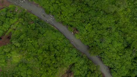 Rotating-top-down-overhead-aerial-birds-eye-view-of-a-jungle-river-flowing-through-a-dense-lush-green-foliage-in-the-rainforest