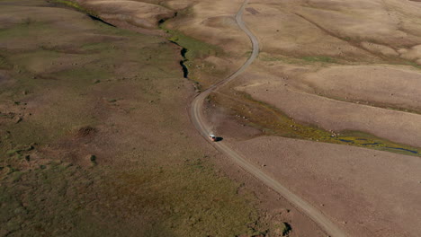 Aerial-view-off-road-4x4-car-driving-along-gravel-trail-path.-Drone-view-on-offroad-vehicle-on-desert-road-travelling-in-Iceland.-Commercial-and-insurance.-Freedom-and-wanderlust