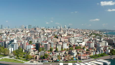 Beyoglu,-Istanbul-Eröffnungsaufnahme-Mit-Wunderschönem-Klaren-Blauen-Himmel-Und-Galata-Turm-Am-Ufer-Des-Bosporus,-Langsame-Luftrutsche-Rechts