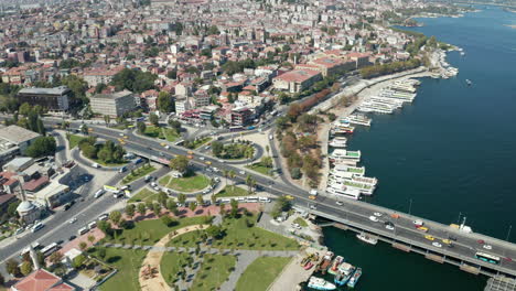 Car-Traffic-Intersection-in-Istanbul-on-Bosphorus,-Scenic-Aerial-View