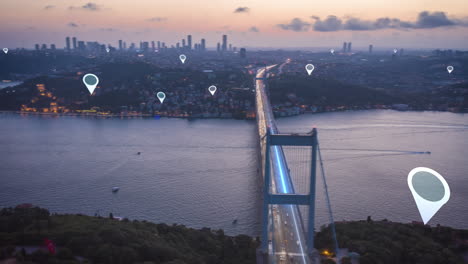 Aerial-panoramic-hyper-lapse-shot-of-Large-cable-stayed-bridge-over-Bosporus-at-sunset.-Visual-effects-highlighting-heavy-traffic-and-marking-points-of-interest.-Istanbul,-Turkey