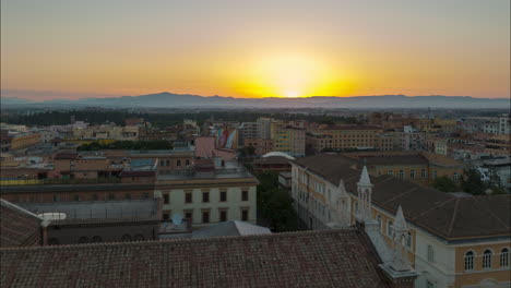 Fly-above-historic-urban-borough.-Hyper-lapse-footage-of-romantic-sunrise-over-mountain-ridge-on-horizon.-Rome,-Italy