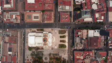Aerial-birds-eye-overhead-top-down-diagonal-panning-view-of-buildings-in-downtown.-Palacio-de-Bellas-Artes-and-Torre-Latinoamericana.-Mexico-city,-Mexico.