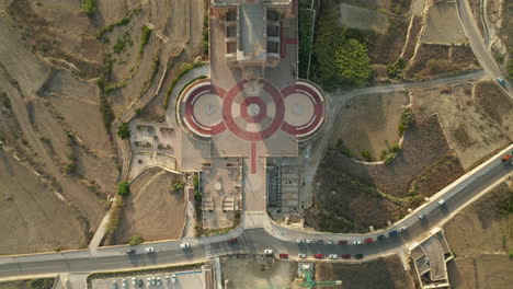 Birds-Eye-Overhead-Top-Down-View-of-Ta-Pinu-Church,-Famous-Place-on-Mediterranean-Island-Gozo,-Malta-from-Aerial-perspective