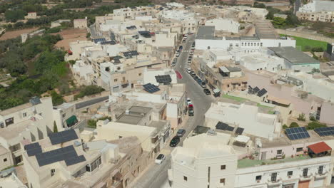 Empty-Streets-of-Small-mediterranean-Town-on-Malta-Island-and-No-People-during-Coronavirus-Covid-19-Pandemic-and-Lockdown,-Aerial-View