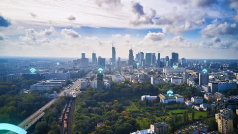 Forwards-fly-above-city.-Hyper-lapse-shot-on-urban-borough-and-downtown-skyscrapers-in-distance.-Wifi-symbols-representing-communication-access-points-on-buildings.-Warsaw,-Poland