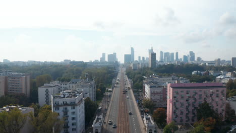 Morning-low-traffic-on-long-straight-and-wide-Jerusalem-Avenue,-Aleje-Jerozolimskie.-Skyline-with-modern-high-rise-office-buildings.-Warsaw,-Poland