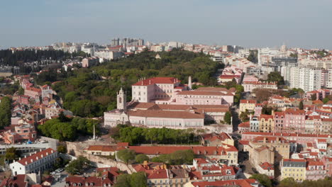 Aerial-footage-of-town-buildings-variety.-Camera-flying-along-Necessidades-Palace.-Lisbon,-capital-of-Portugal.