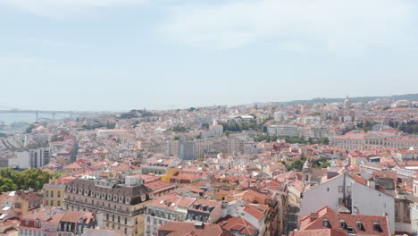 Aerial-view-of-various-buildings-in-downtown.-Drone-flying-over-red-roofs.-Lisbon,-capital-of-Portugal.