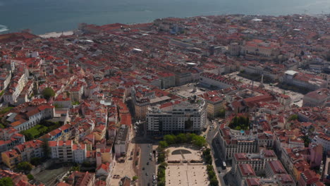 Aerial-view-of-historic-city-center-with-squares.-Panoramic-view-from-drone.-Lisbon,-capital-of-Portugal.