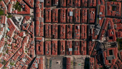 Overhead-aerial-top-down-birds-eye-view-of-rows-of-red-rooftops-of-traditional-houses-in-Lisbon-city-center