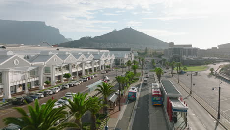 Fly-along-large-shopping-centre-on-Victoria-and-Alfred-Waterfront.-Traffic-on-wide-street-surrounded-by-palm-trees.-Cape-Town,-South-Africa