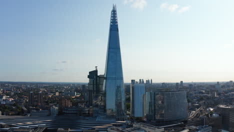 Slide-and-pan-footage-of-tall-Shard-skyscraper-with-futuristic-design.-Tall-modern-office-building-next-to-London-Bridge-train-station.-London,-UK