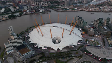 Aerial-view-of-Millennium-Dome-on-Thames-riverside.-Iconic-concert-Hall-of-O2-Arena-in-North-Greenwich-Peninsula.-London,-UK