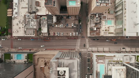 Aerial-birds-eye-overhead-top-down-panning-view-of-downtown-streets-leading-between-skyscrapers.-Dallas,-Texas,-US