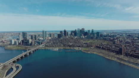 Aerial-panoramic-footage-of-city-with-group-of-downtown-skyscrapers.-Longfellow-Bridge-over-Charles-river.-Boston,-USA