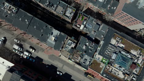 Fly-above-residential-urban-neighbourhood.-Top-down-view-of-leafless-trees-between-rows-of-apartment-houses.-Boston,-USA